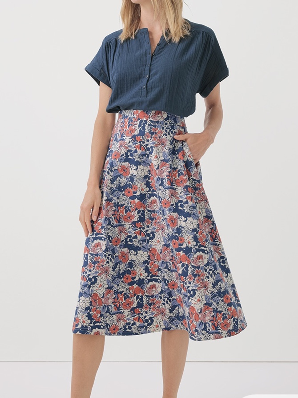 Pact Women’s Fit and Flare Midi Skirt Blue Red Floral Organic Cotton Boho XL